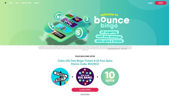 Bounce Bingo – get 105 Bingo Tickets & 10 Free Spins No Wagering!