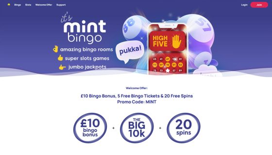 Mint Bingo – 100% Up To £20 (Bingo Bonus) & 100 Free Spins